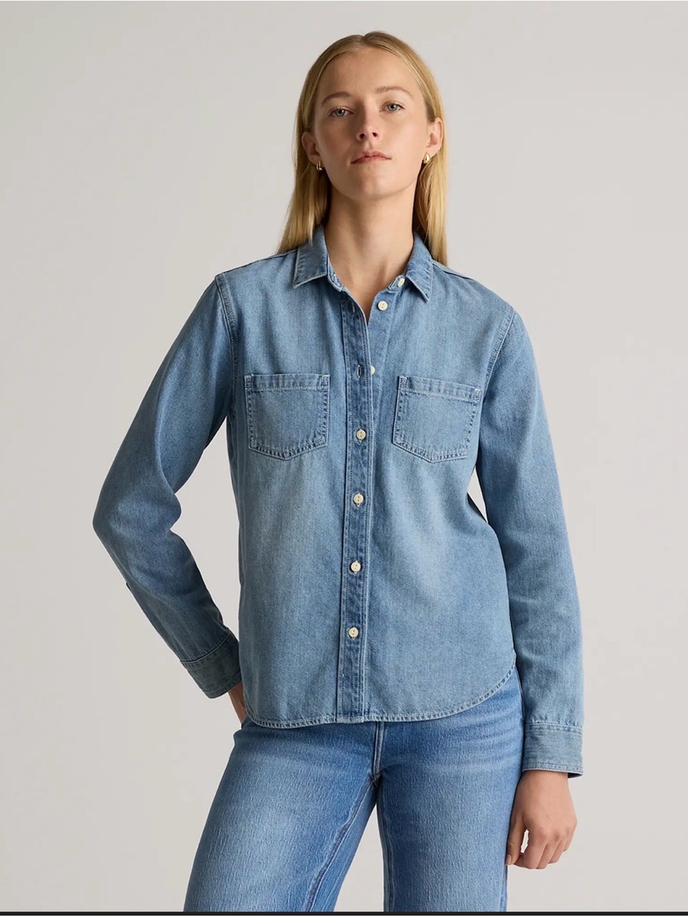 Quince Distressed Denim Long Sleeve Button-Down Shirt- S- MSRP $40